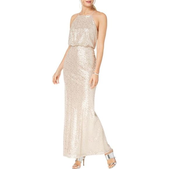 Adrianna Papell Women's Nude Sequined Blouson Halter Formal Gown Sz10M $179 - Picture 1 of 5